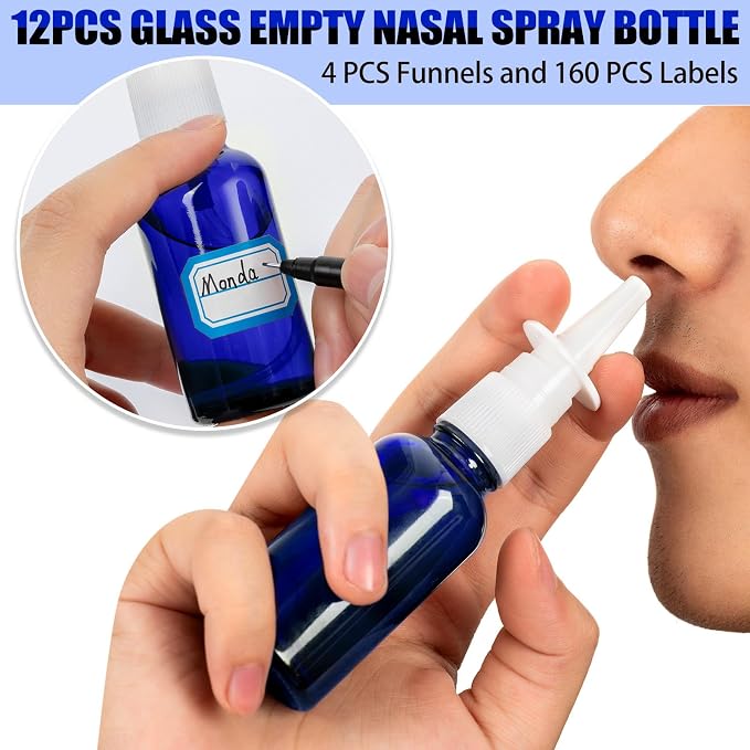 20 Pcs Nasal Spray Bottles, 30ML/1oz Blue Glass Refillable Fine Mist Empty Nasal Spray Bottle with 4 Funnels and 4 Labels