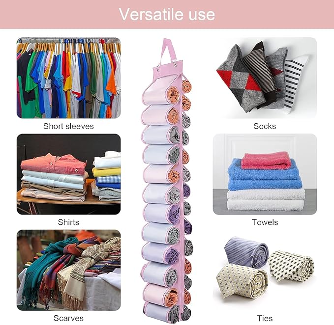 DHSFKBE Legging Organizer Storage, 2PCS T Shirt Organizer, Foldable Hanging Closet Organizer Storage with 26 Roll Independent Compartments for Yoga Pants, Tank Top, Towel, Underwear (Pink)