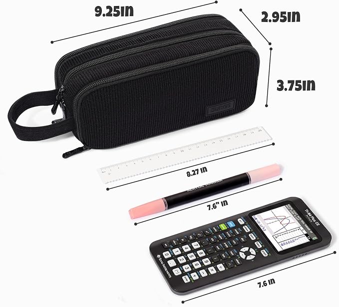 SUNEE Large Capacity Pencil Case with 3 Compartment, Extra Big Pencil Pouch, Pencil Bag with Zipper, Cute Stationery Organizer, Soft Corduroy Pen Box School Supplies for Student Girls Boys, Jet Black
