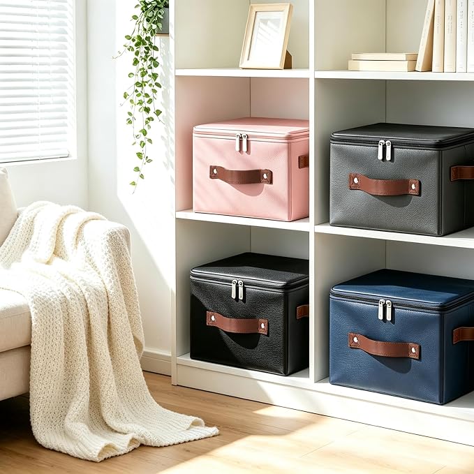 Storage Bins with Zipper Lid PU leather Storage Boxes Leather Fabric Collapsible Lidded Baskets Cube with Handle Decorative Shelves Closet Office Organizer Container(Black, Large Size)