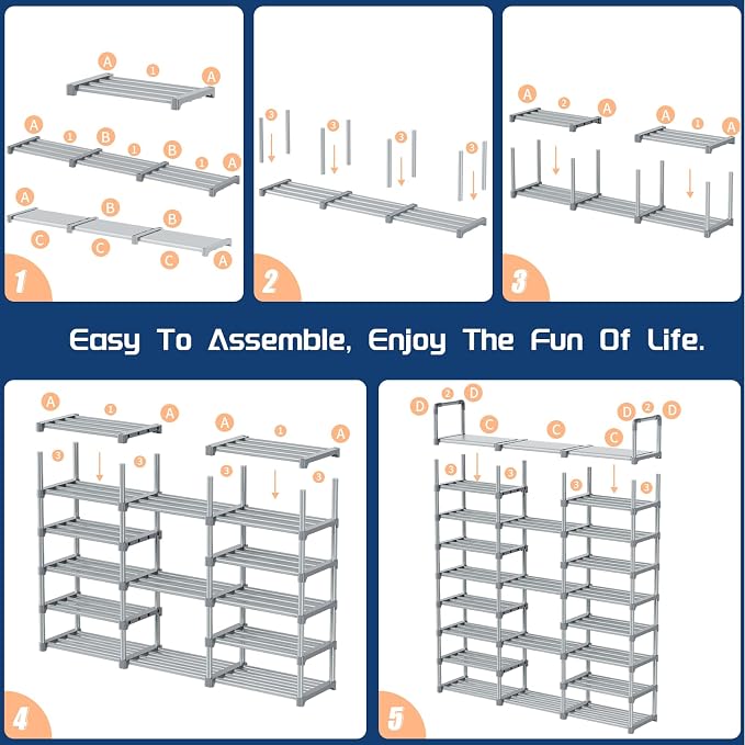 Mavivegue 9 Tiers Tall Shoe Organizer - Vertical Shoe Shelf for 50-55 Pairs, Stackable Racks for Entryway, Closet, Garage - Grey