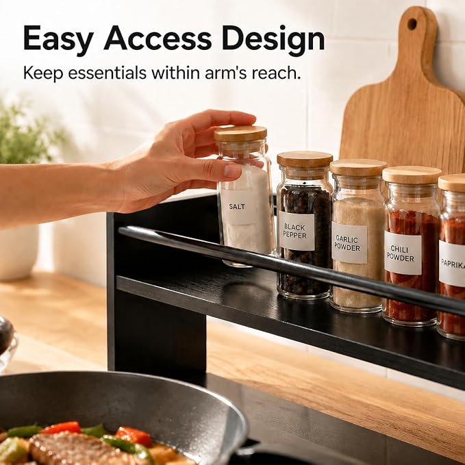 Ekisemio 32.5" Wooden Spice Rack Shelf for Kitchen Stove, Black | Solid wood top | Steel side tubes | 50 lb capacity | Raised front edge | Easy assemble | Wipe clean