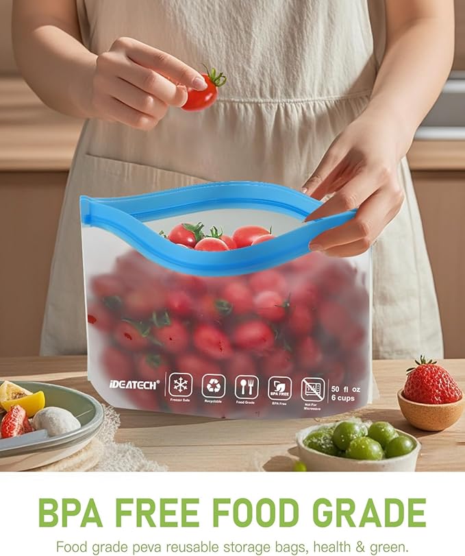 IDEATECH 20Pack Reusable Bags Dishwasher Safe, Leakproof Reusable Freezer Bags, BPA Free Healthy Food Storage Contaizers Sandwich Snack Baggies for Lunch Travel(8 Gallon 6 Quart 6 Snack,Colored)