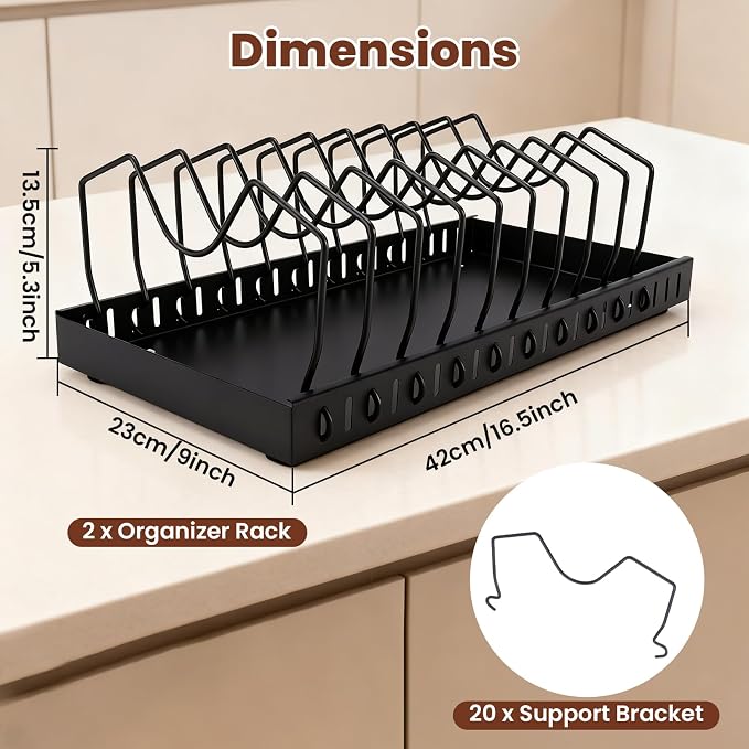 2 Pcs Pots and Pans Organizer Under Cabinet - Expandable Pull out Cabinet Organizer for Pots and Pans, Pan and Lid Organizers Inside Cabinet, Adjustable Storage Rack, Carbon Steel (Black)