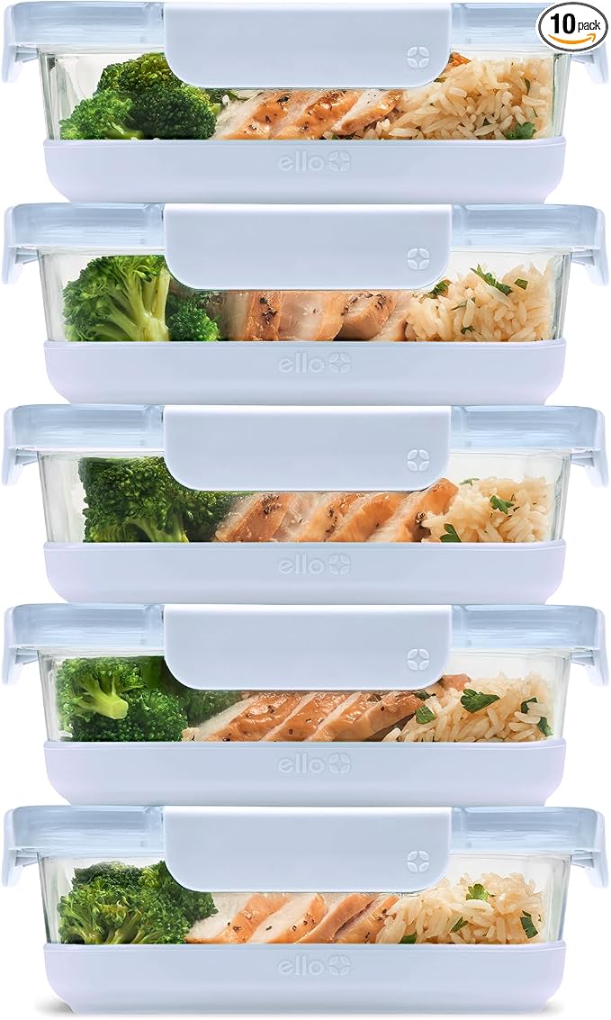 Ello Duraglass Refresh 3.4 Cup Meal Prep Containers, 10 Pc, Halogen Blue | Glass meal prep container set with silicone boots, airtight leakproof BPA-free lids, microwave, freezer & dishwasher safe
