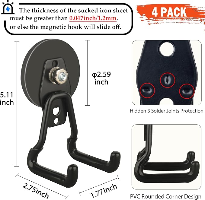 ULIBERMAGNET Upgraded Large Magnetic Hooks,Strong Heavy Duty Magnet Hooks for Power Drill,Broom,Garden Tools,Pegboard,Garage,Workshop,Hardware, 4 Pack Magnet Storage Holder for Hanging(Black)