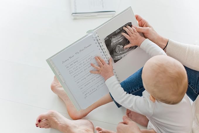 Pearhead My Pregnancy Journal, Guided Pregnancy Memory Book with Sonogram Photo Insert, Trimester Milestone Tracker & Keepsake for Expecting Moms, Baby Shower Gift, Sage Green Leaf