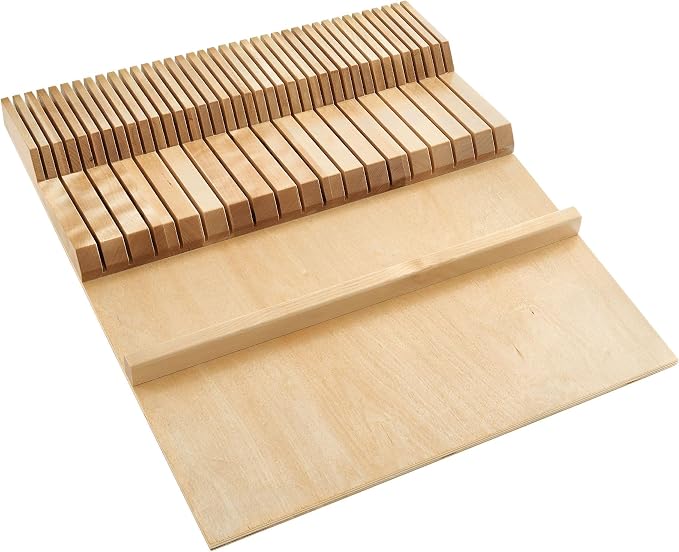 Rev-A-Shelf Dual Row Trim-to-Custom Fit Knife Block Drawer Organizer with Storage Holder for Kitchen Utensils, 55 Slot Cutlery Tray, Wood, 4WDKB-1