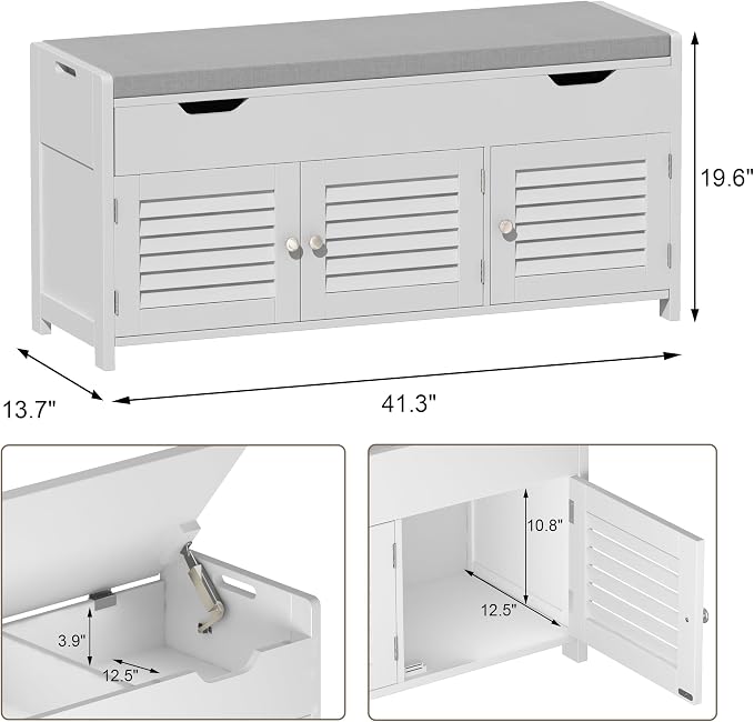 ChooChoo Shoe Storage Bench with Lift Top Storage & Cushioned Seats | 41.3" Entryway Bench with 3 Compartments & Adjustable Shelf, for Entryway, White