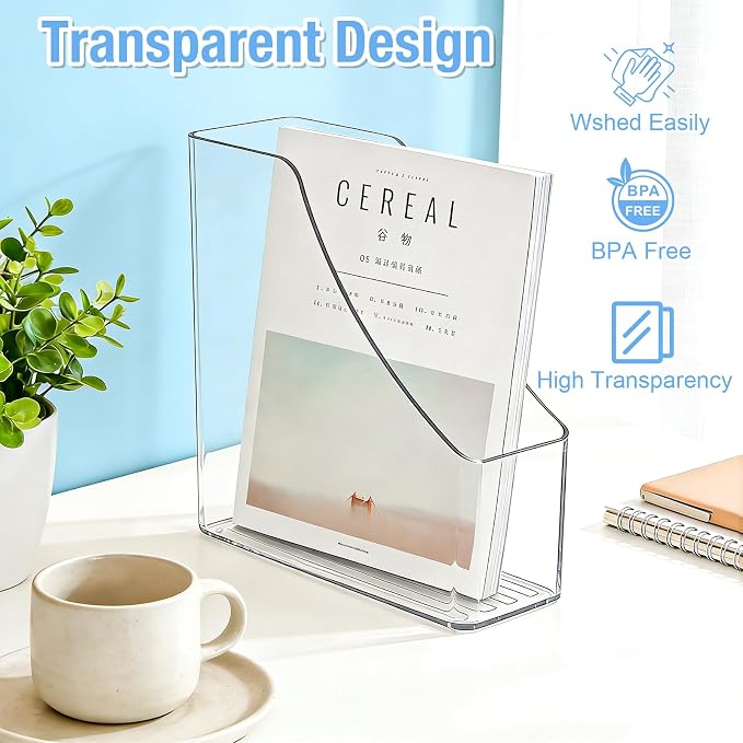 SAYEEC Vertical File Holder Clear Acrylic Magazine Holder Desk File Organizer Multi-purpose Document Organizer Storage Bins Holding for Magazines Binders Notebooks Envelopes Office Supplies (2 Pack)