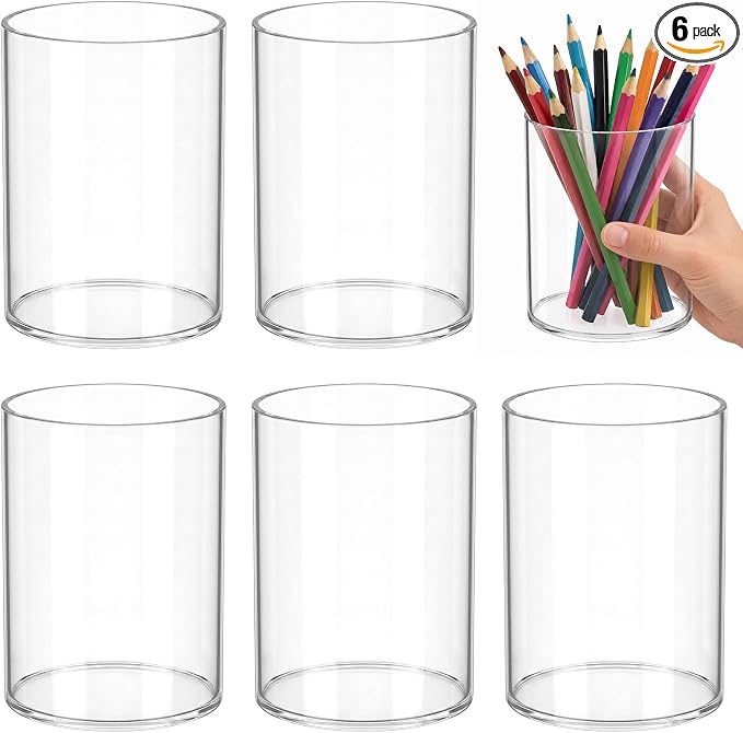 Mototo 6PCS Clear Acrylic Pen Holder Pencil Cup Office Desk Organizer Case | Toothbrush Utensil Holder Marker Makeup Brush Organizer Pencil Box Coffee Stirrers Storage Container for Classroom Counter