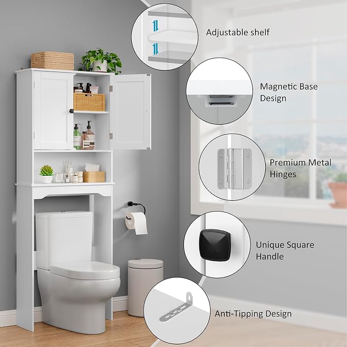 RRX Over The Toilet Storage Cabinet, Bathroom Above Organizer (Pure White) | Free Standing Toilet Rack with Adjustable Shelf and Open Storage, Double Doors, Space Saver, 24.8" L x 9.1 "W x 65.7 "H