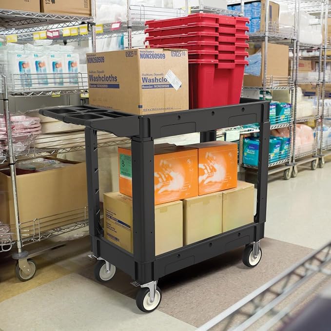 Plastic Utility Cart on Wheels, 40 x 17 Inch Rolling Service Cart-Black | 2 Shelf Work Carts, 500 lbs Capacity Heavy Duty Tool Cart W/Tub Storage & Deep Shelve, for Warehouse, Garage, Cleaning