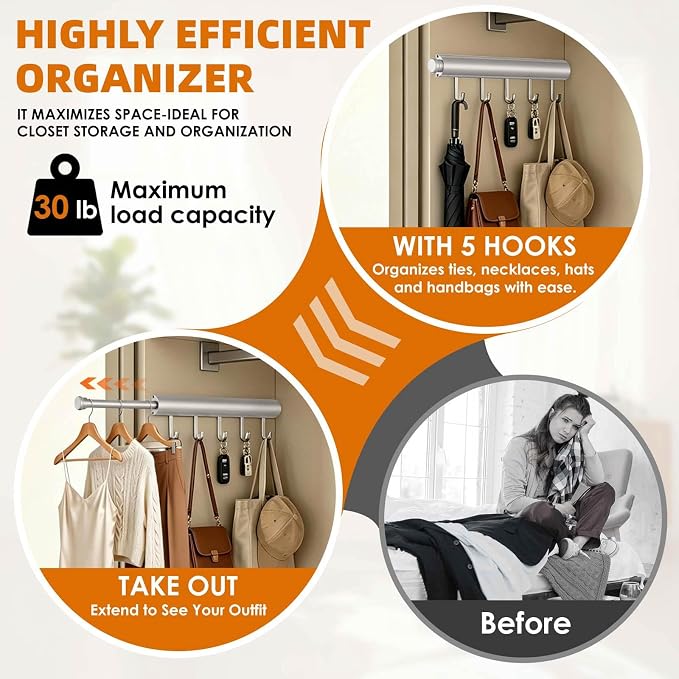 12 Inch Valet Rod for Closet Pull Out Heavy Duty Hidden Closet Valet Rod with 5 Hooks Retractable Slide Out Wardrobe Organizer Aluminum Valet Bar Silver 1 Pack