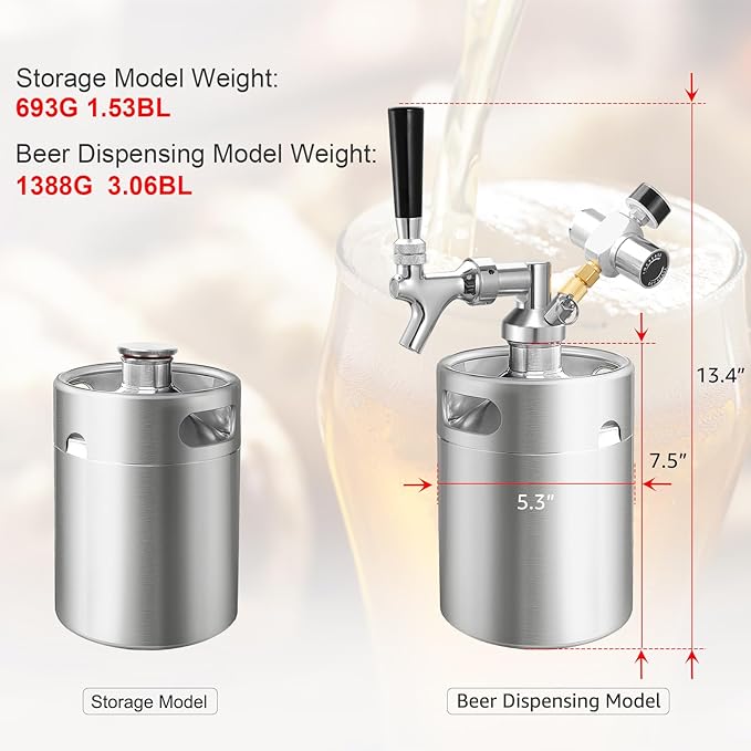 64OZ Mini Keg Growler Tap System, Pressurized Stainless Steel Beer Keg, Beer Dispenser System with CO2 Regulator & Self-Closing Faucet, Portable Beer Growler to Keep Fresh for Homebrew