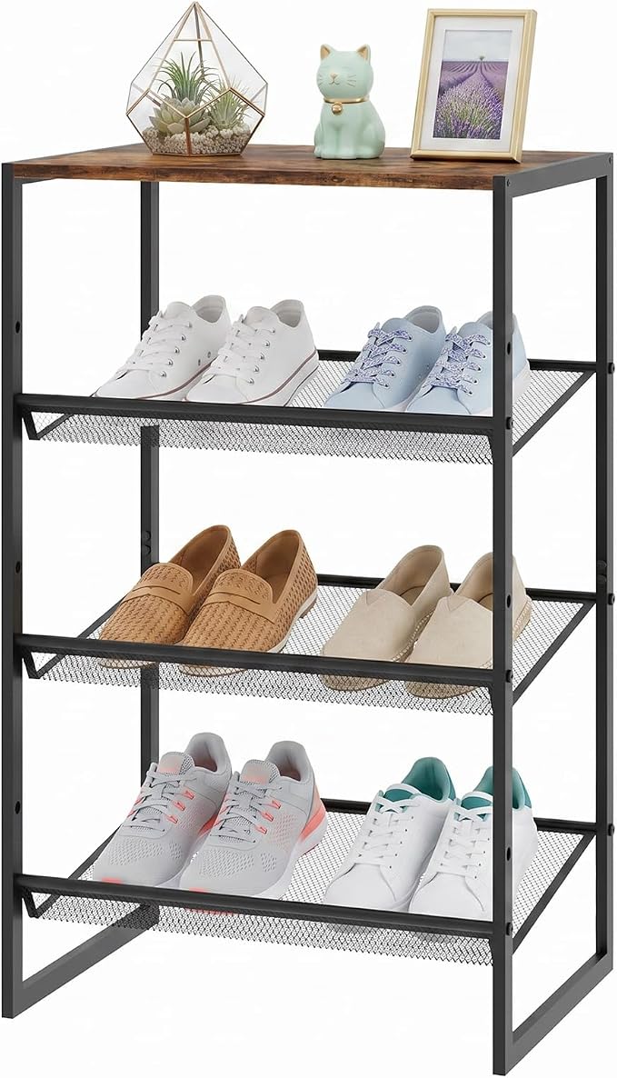 Shoe Rack for Entryway,4 Tier Shoe Shelf，Sturdy Shoe Storage Organizer,Boot Rack with a Fine Mesh Shelves，for Living Room, Hallway，Small Space,11.8 x 16.5 x 27.9 Inches,Brown
