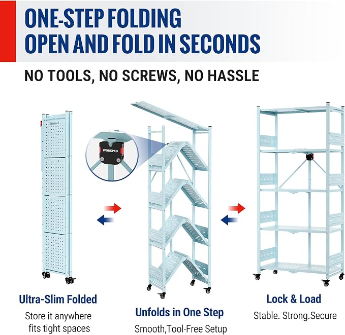 WORKPRO 5-Tier Folding Shelf, No-Assembly Metal Storage Rack with Wheels, 750 lbs Capacity (with Leveling Feet), Collapsible Shelving Unit for Kitchen, Pantry, Closet & Craft Shows - Blue