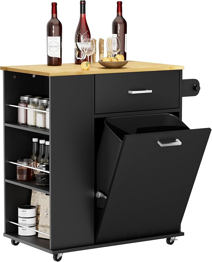 HQZX Rolling Kitchen Island with Trash Can Storage, Portable Kitchen Island on Wheels with Towel Rack & Spice Rack, Tilt Out Trash Can Cabinet with Drawer, Mobile Island Cart (Black)