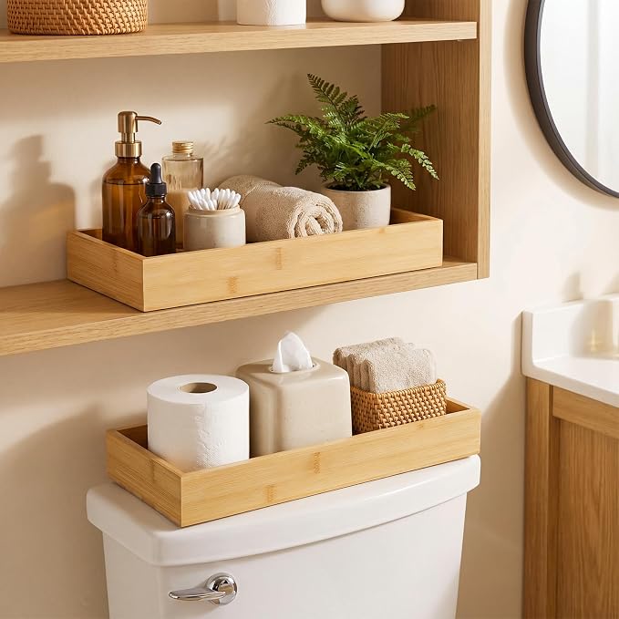 4 Pcs Bamboo Drawer Organizer Stackable Utensil Organizer for Kitchen Bamboo Storage Box Wood Silverware Tray for Drawer, Dresser, Bathroom (15" X 6" X 2")