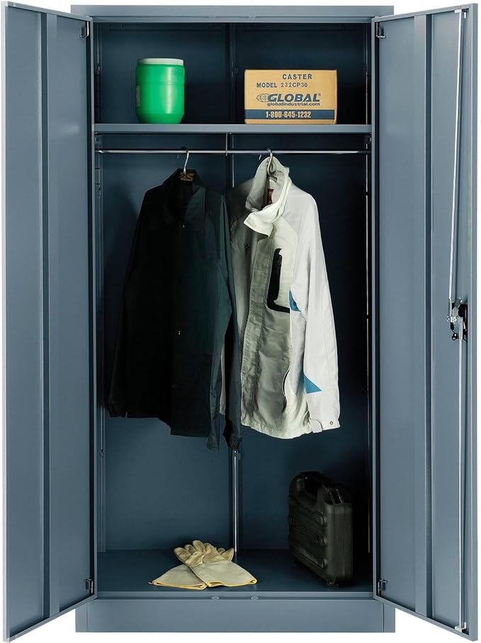 Global Industrial Wardrobe Storage Cabinet with Garment Rod, Steel Construction, Recessed Handle with Keyed Lock, 300 lbs Shelf Capacity, 36" W x 24" D x 72" H, Gray, Assembled