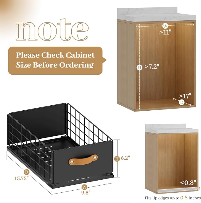 Pull Out Cabinet Organizer, No-Drill Pantry Drawers, Slide Out Shelves with Bamboo Risers for Lipped Cabinets,Ideal for Kitchen, Bathroom & Under Sink Storage (Black, 9.8" Wide-15.7" Deep)