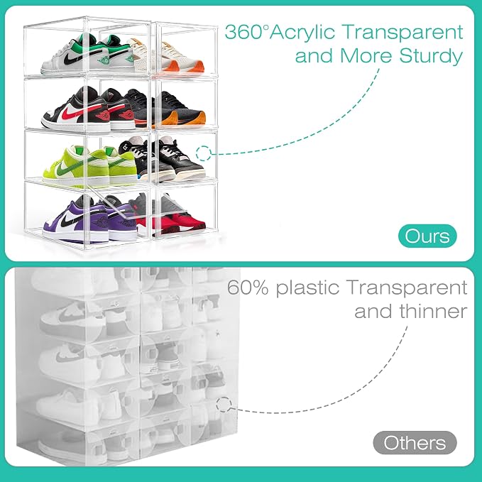 12 Pack Drop-Front Clear Shoe Box Acrylic Storage Box Shoe Organizer Size 13, Stackable Shoe Tower with Magnetic Door Large Storage Bins for Sneaker Containers Display & Closet Organization