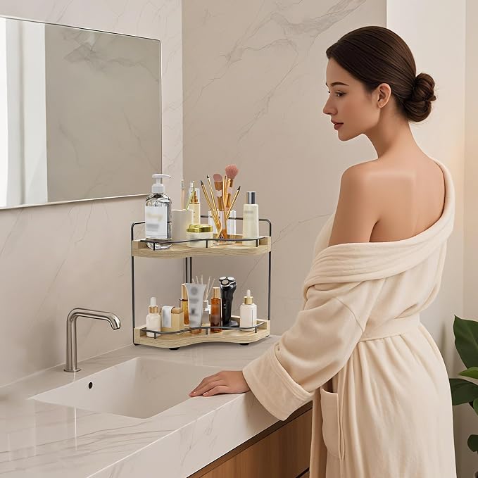 2-Tier Corner Bathroom Counter Organizer for Storage, Light Brown | Larger Size, Solid Wood, Embedded Screw Holes, sink and Vanity Countertop Organizer for Perfume, Skincare & Makeup Storage