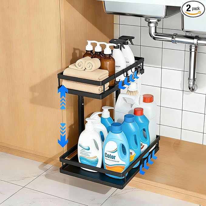 Under Sink Organizer, Dual-Rail Ball-Bearing, Under Kitchen Sink Organizer, 6-Level Adjustable, Under Cabinet Organizer, No-Drill Adhesive/Suction, Under Sink Storage (Black, Double Layer - 1 Pack)