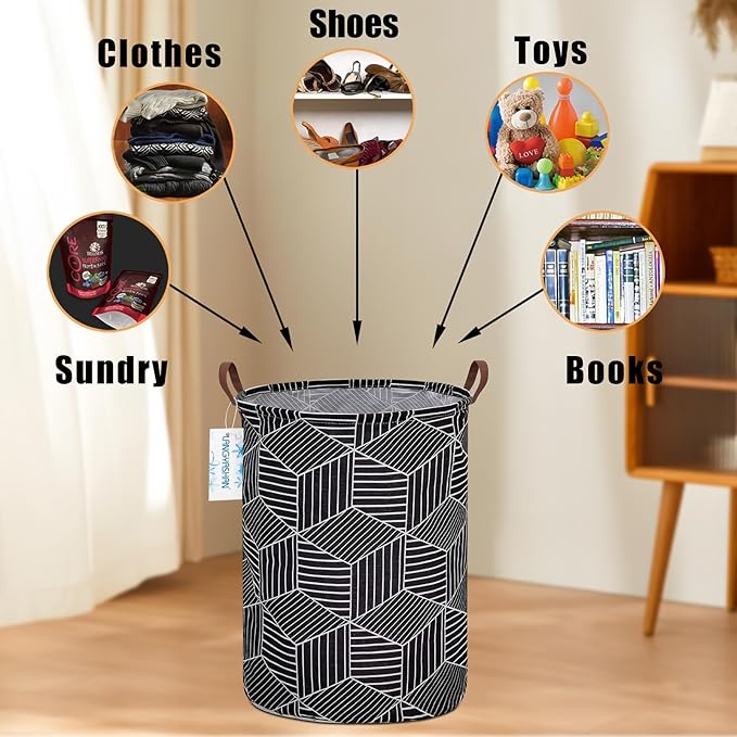 LANGYASHAN Laundry Basket Canvas Fabric Collapsible Organizer Basket for Storage Bin Toy Bins Gift Baskets Bedroom Clothes Children Nursery Hamper (Black diamond)