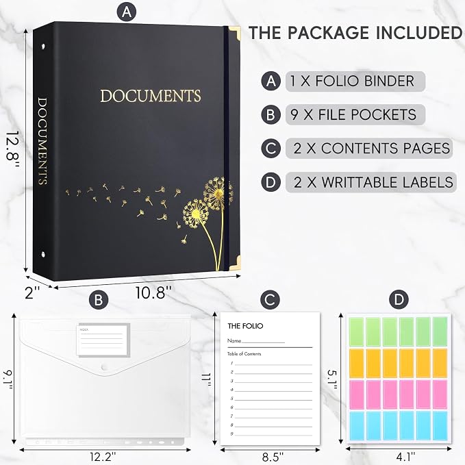 XKDOUS Important Document Organizer Emergency Binder Life Organizer Folio Folders with 9 Pockets Expanding File Storage Holder for Papers, Letters, Cards, Bills, Passports, Photos