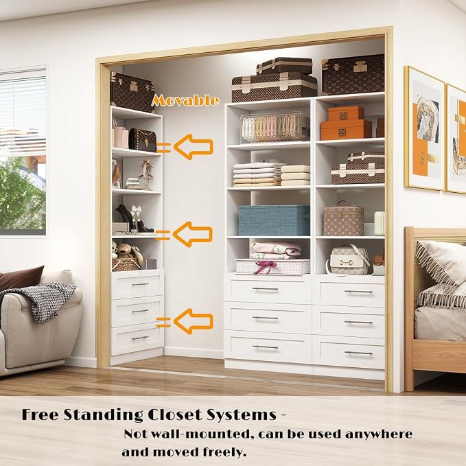 Closet Organizer System with Drawers, 4FT Wood Closet Shelving System Small Walk in Closet Standalone Corner Closets Storage with Hanging Rods White (4FT)