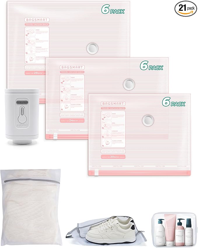 BAGSMART Vacuum Bags for Travel with Rechargeable Air Pump, Portable Space Saver Bags for Travel & Home, Vacuum Compression Seal Bag for Clothing, Blanket, 21 Pack Pink