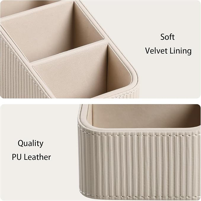 Remote Control Holder, PU Leather Nightstand Organizer, Beige | 3-compartment Remote Bedside Caddy, Soft Velvet Lining, Small Desk Organizer for Remote/Pen/Glasses/Phone