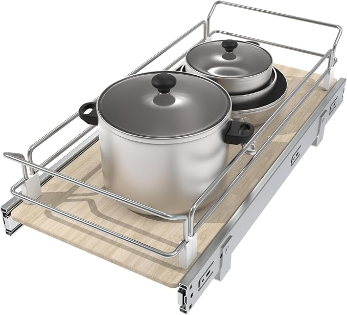 Pull Out Cabinet Organizer 10.87" W X 22" D, Wood & Chrome | Full Slide Out Drawers For Kitchen Cabinets, Cabinets Capacity Heavy Duty Caddy, Cabinet Pullout Shelves , Pantry Storage