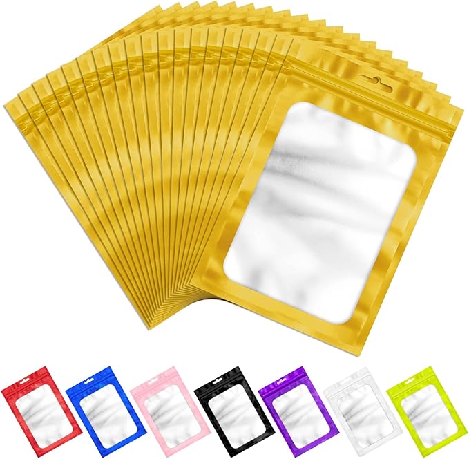 100 PCS Resealable Mylar Bags with Zipper and Frosted Clear Window Packaging Bags Foil Pouch Zip Bag for Food Self Sealing Storage Supplies (Golden, 3.14x5.11)