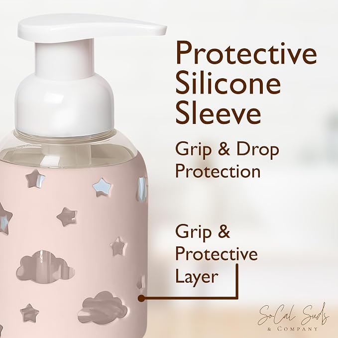 SoCal Suds & Company Foaming Hand Soap Dispenser Glass, Liquid Soap Pump with Cloud & Star Sleeve, Refillable Bottle for Kids, Baby Wash & Shampoo, Ideal for Bathroom & Kitchen Use, Light Pink, 8oz