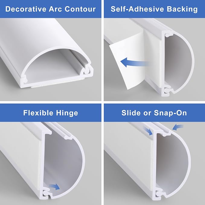 ZhiYo 34in Cord Hider for 2-4 Wall-Mounted TV Wires, 1.4" W x 0.7" H, White | Split-Hinge Design for Easy Installation, Half-Round Glazed Finish Ideal for Wall/Baseboard, Self-Adhesive, 2 Pack (17" Each)