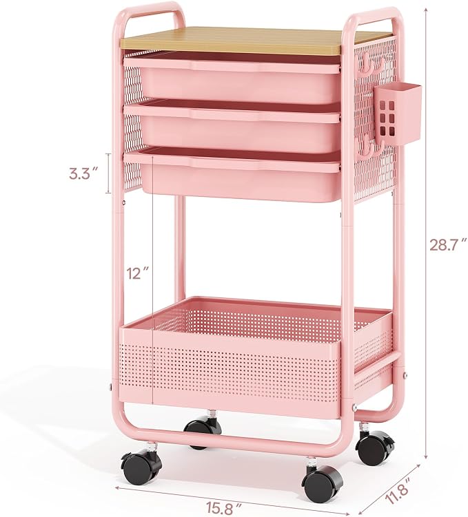 Metal Rolling Storage Cart with 3 Drawers - Utility Cart on Wheels with Pegboard & Wood Tabletop, Multifunctional Trolley Organizer with Hooks & Bin for Living Room,Bedroom,Craft Room,Office,Kids Room
