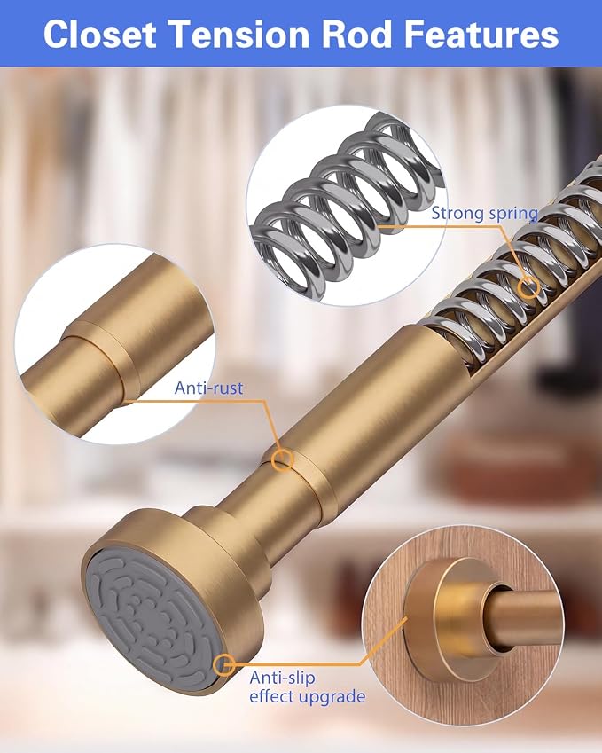 Closet Rod, No Drill Tension Closet Rod for Hanging Clothes, 17-99in, Gold | Quick Tool-Free Install, Non-Slip Rubber Ends Grip Securely, Heavy-Duty Rod Supports Up To 66 lb In Closet, Laundry Rooms, RV