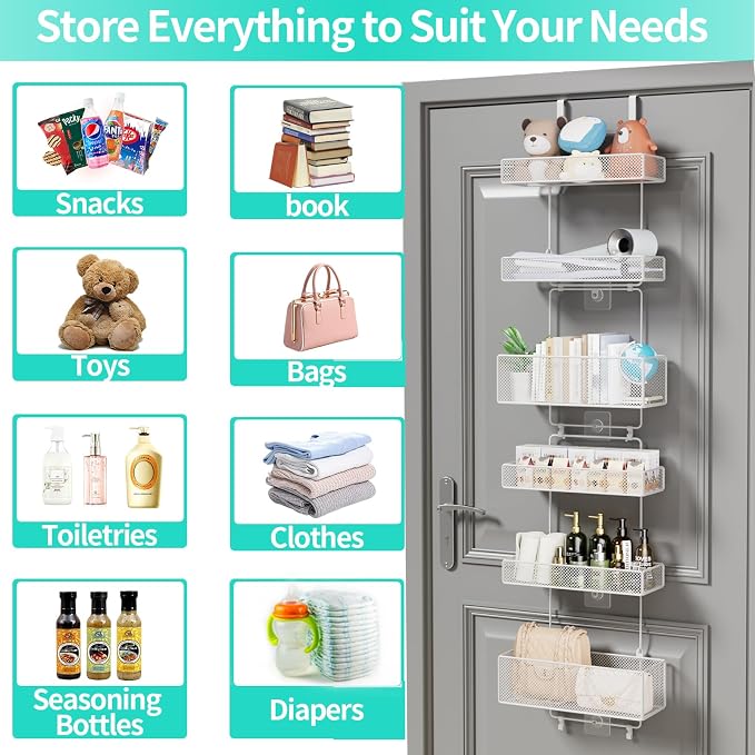 HapiRm Over Door Organizer Storage - Separable Door Organizer Hanging with 6 Metal Large Capacity Baskets for Bathroom Bedroom Kitchen Pantry Closet (White)