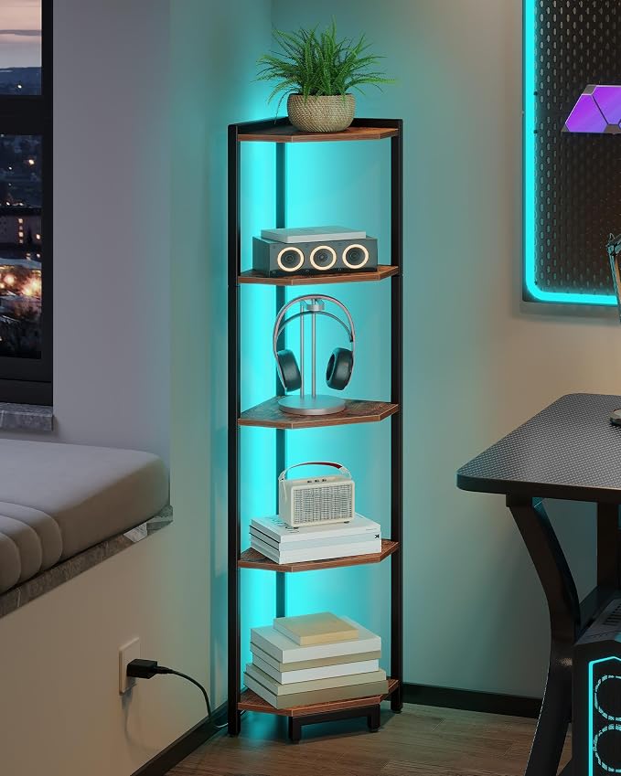Hzuaneri Corner Shelf with LED Light 6 Tier Corner Bookshelf Standing Shelf | Tall Narrow Display Bookcase with Metal Frame for Small Space, Living Room, Home Office, Bedroom, Rustic Brown CS66501B