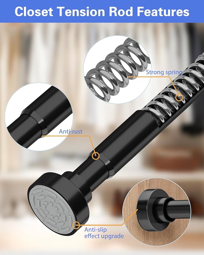 Supforce 2 Pack No Drilling Closet Rods for Hanging Clothes, Non Slip Tension Rod with Heavy Duty Clothes Hanging Rod, 17-54 Inches Adjustable Spring Closet Rod for Closet Wardrobe Bathroom RV, Black