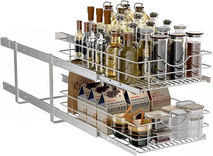Pull Out Cabinet Organizer,(17½"W x 22" D) 2 Tier Soft Close Slide Out Drawer For Kitchen Base Cabinet, Individual Pull Out Shelf, Roll Out Pantry Organization, 22 Inch Deep
