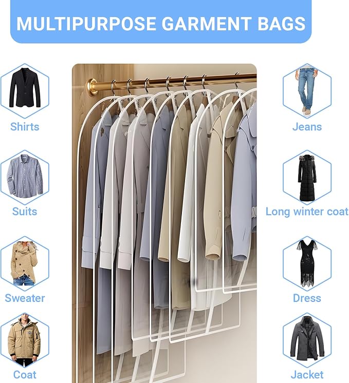 60" Dress Bags for Gowns, 6 Packs All Clear Garment Bags for Hanging Clothes, Plastic Waterproof Dress Cover, Long Dress Bag with Zipper for gown, winter long coats,Uniforms, dance costume