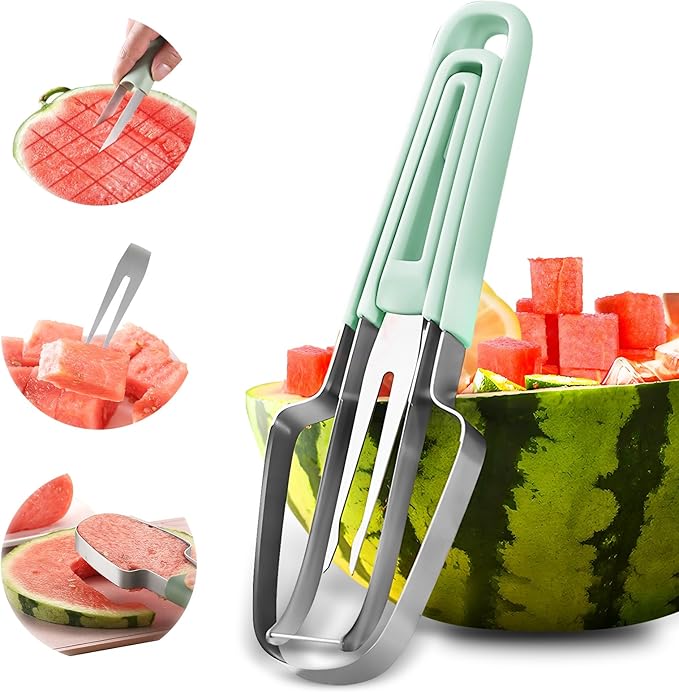 Watermelon Cutter - 3-in-1 Fork Slicer & Popsicle Maker, Multi Melon Cutter for Camping & Kitchen (Green)