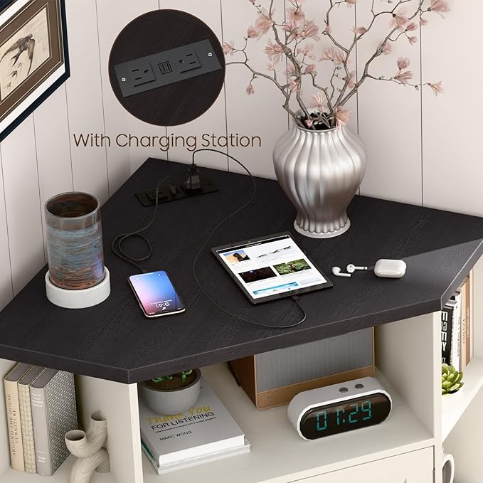 Halitaa Corner Storage Cabinet, Farmhouse Corner Bookshelf with Storage 6-Cubby Wooden Cabinet with USB Ports and Outlets Industrial Organizer for Small Space, Study, Playroom, Living Room