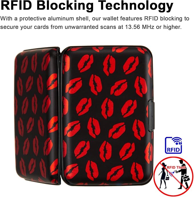 Credit Card Holder, Metal Card Wallet RFID Blocking Mini Slim Aluminum Business Hard Card Case for Women Men (Red Lips)
