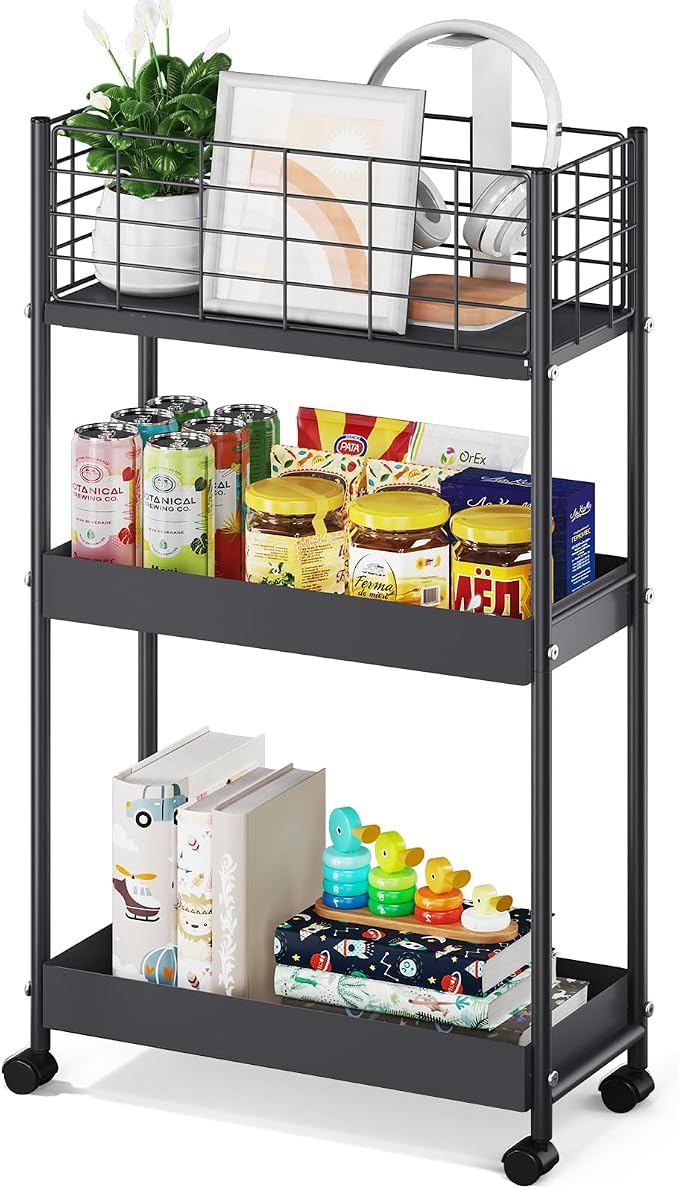 KINGRACK Slim Rolling Storage Cart 3 Tier - Heavy Duty Metal Utility Cart with Raised Edge & Wheels, Narrow Small Mobile Organizer Shelves for Bathroom, Kitchen, Laundry, Office, Living Room, Black