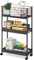 KINGRACK Slim Rolling Storage Cart 3 Tier - Heavy Duty Metal Utility Cart with Raised Edge & Wheels, Narrow Small Mobile Organizer Shelves for Bathroom, Kitchen, Laundry, Office, Living Room, Black