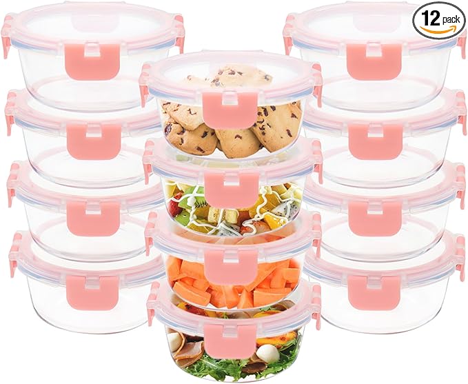 GULFLIN 12pack, 13oz Small Glass Food Storage Containers with Lids, Pink | Round Glass Containers Perfect Size for Meals and Leftovers. Particularly for Single Servings, Easy to Clean, Dishwasher Safe